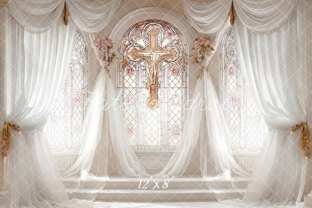 Kate Wedding Stained Glass Cross Drapes Fleece Backdrop Designed by Emetselch