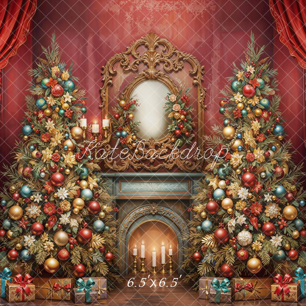 Kate Christmas Tree Fireplace Red Curtains Backdrop Designed by Emetselch - Kate Backdrop AU