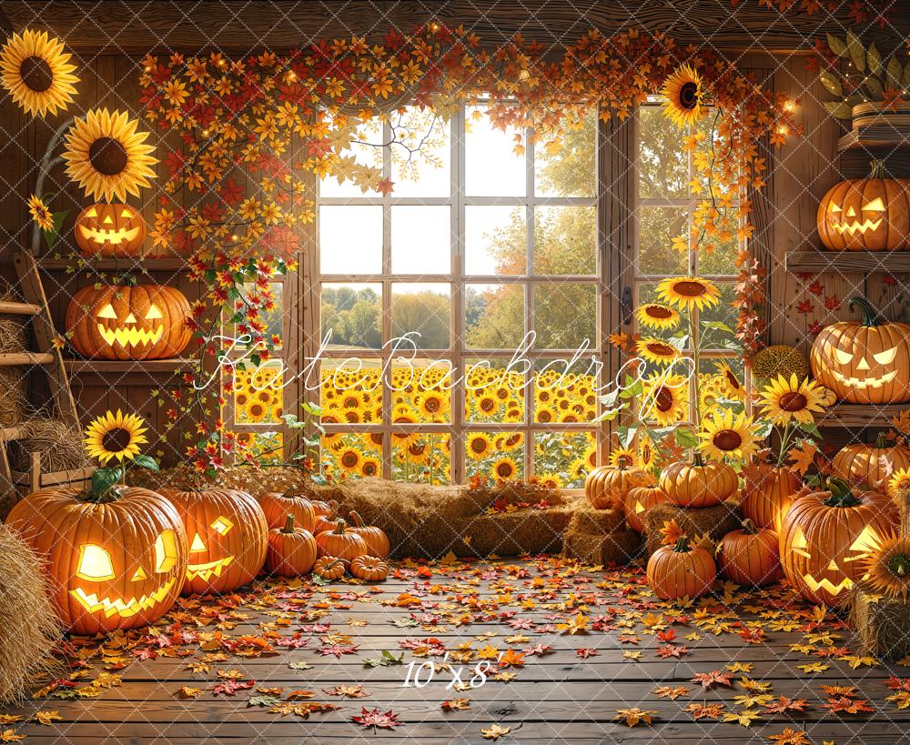 Kate Halloween Pumpkins Sunflowers Autumn Fleece Backdrop Designed by Chain - Kate Backdrop AU