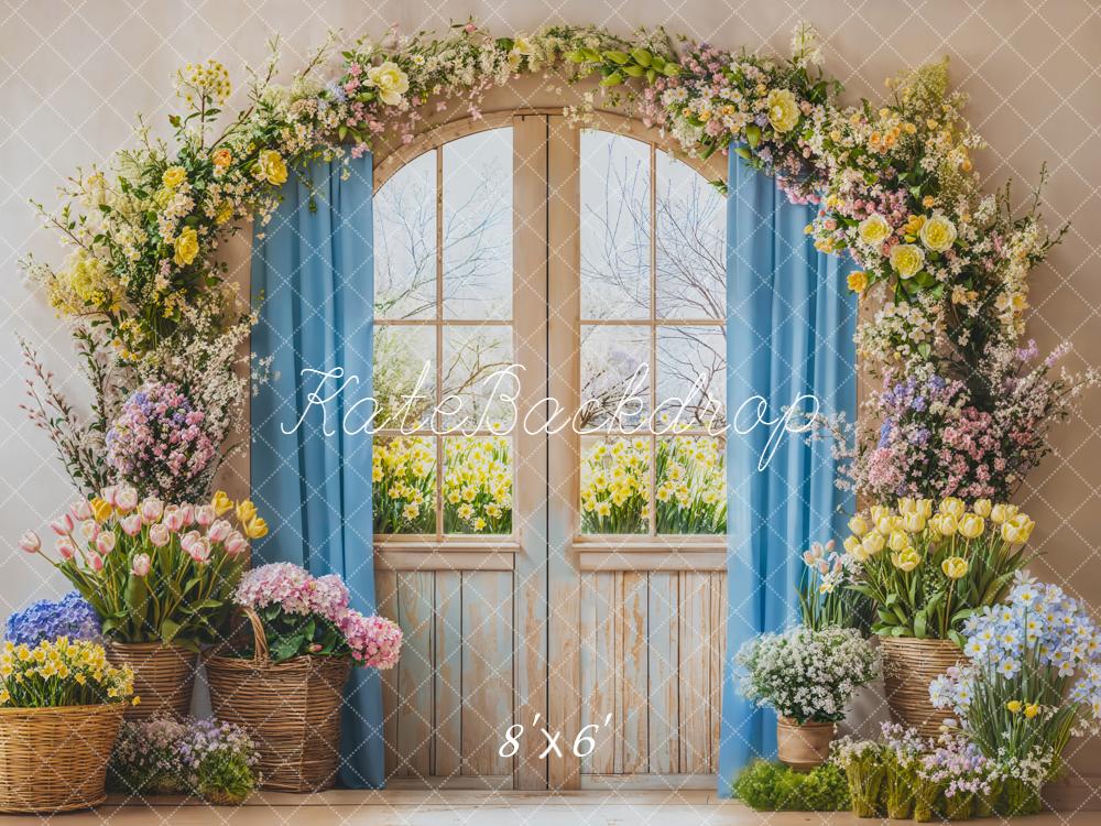 Kate Flower Arch Spring Blue Curtains Fleece Backdrop Designed by Emetselch