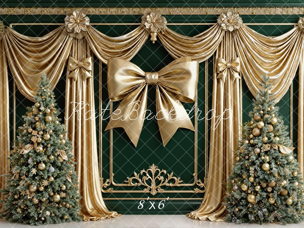 Kate Christmas Gold Drapes Bow Trees Fleece Backdrop Designed by Emetselch