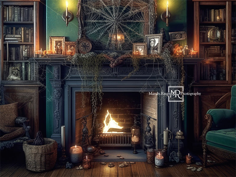 Kate Halloween Fireplace Cobweb Candles Vintage Backdrop Designed by Mandy Ringe - Kate Backdrop AU