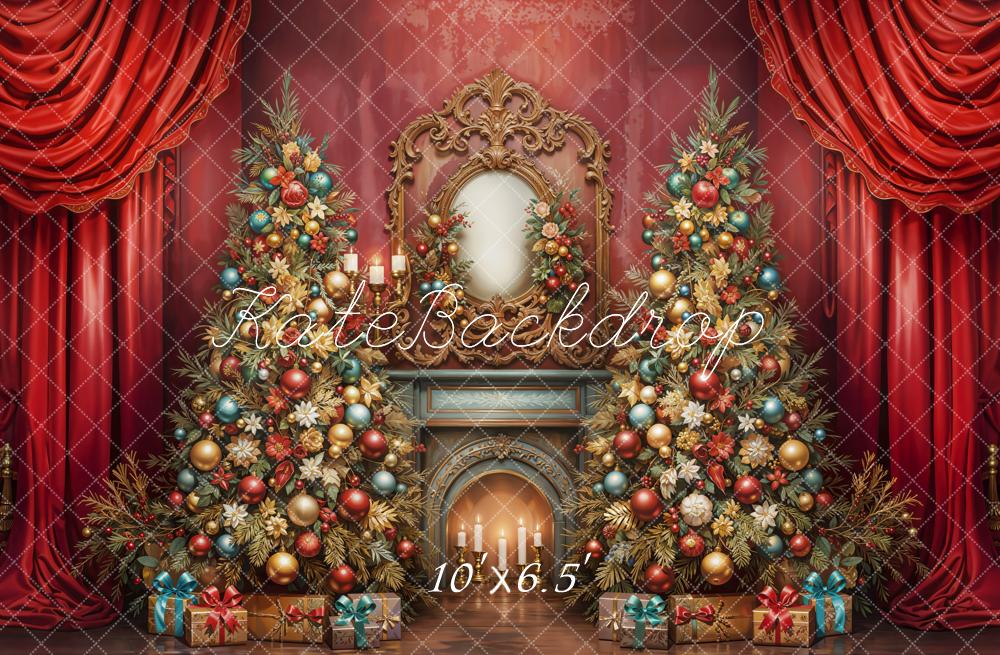 Kate Christmas Tree Fireplace Red Curtains Fleece Backdrop Designed by Emetselch - Kate Backdrop AU