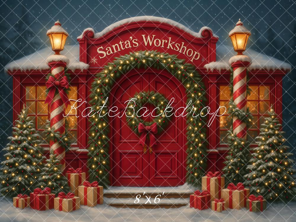 Kate Christmas Santa's Workshop Red Door Backdrop Designed by Ashley Paul