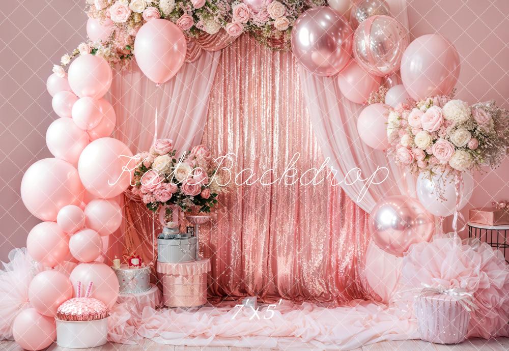 Kate Pink Balloons Pink Curtain Birthday Backdrop Designed by Emetselch - Kate Backdrop AU