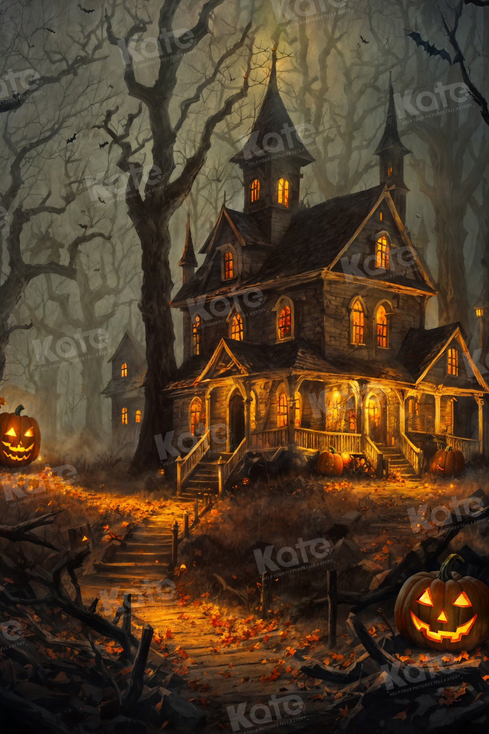 Kate Halloween Spooky Backdrop Pumpkin House in Forest for Photography - Kate Backdrop AU