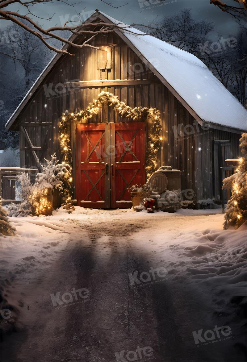 Kate Christmas Way to Red Barn Night Backdrop for Photography