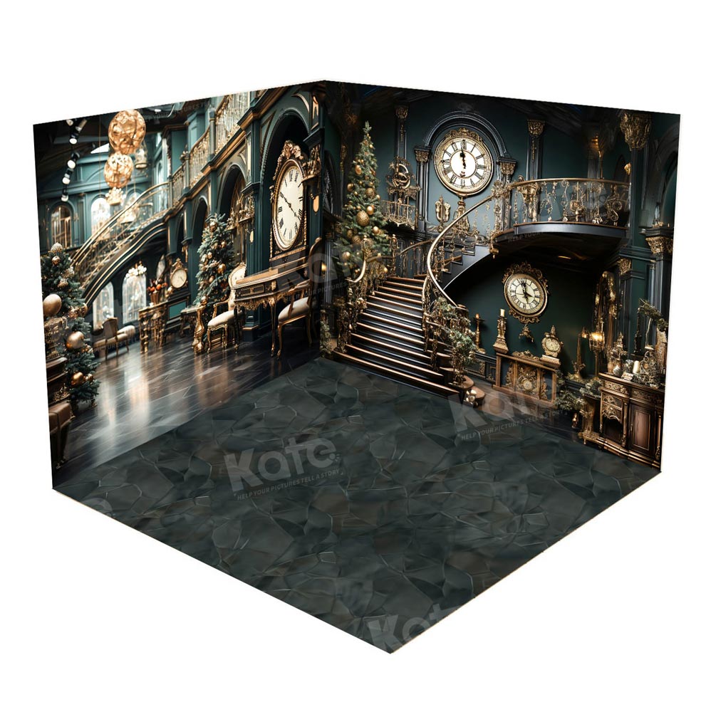 Kate Green Christmas Clock Stairs Room Set(8ftx8ft&10ftx8ft&8ftx10ft) - Kate Backdrop AU