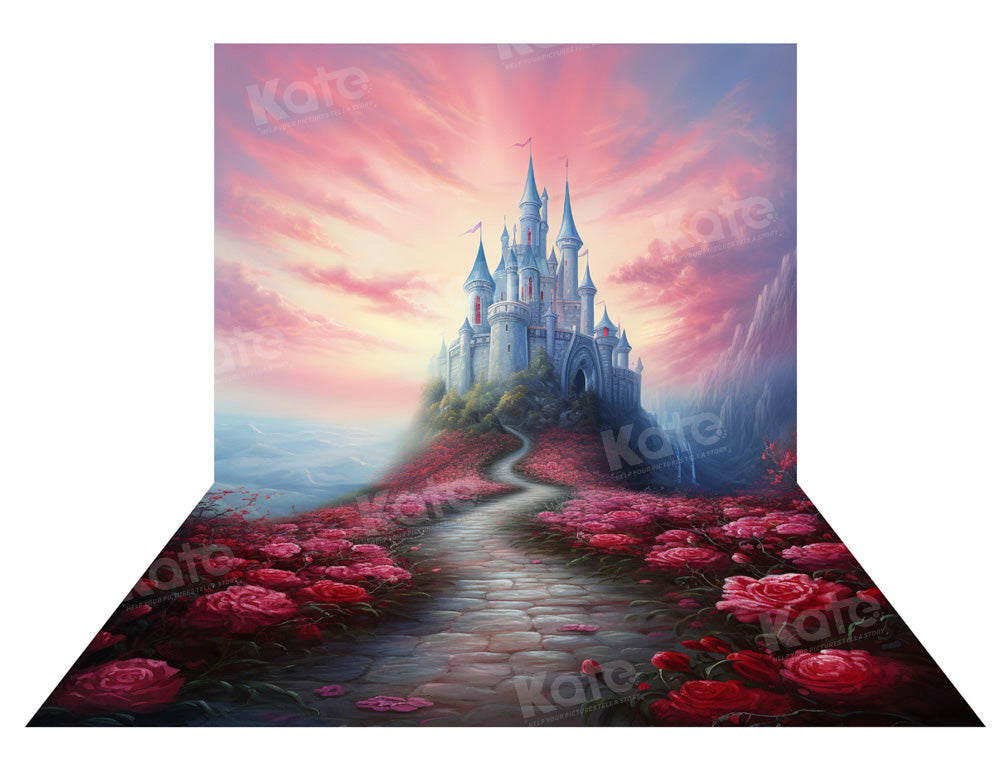 Kate Color Cloud Castle Spring Backdrop +Flower Stone Path Floor Backdrop for Photography
