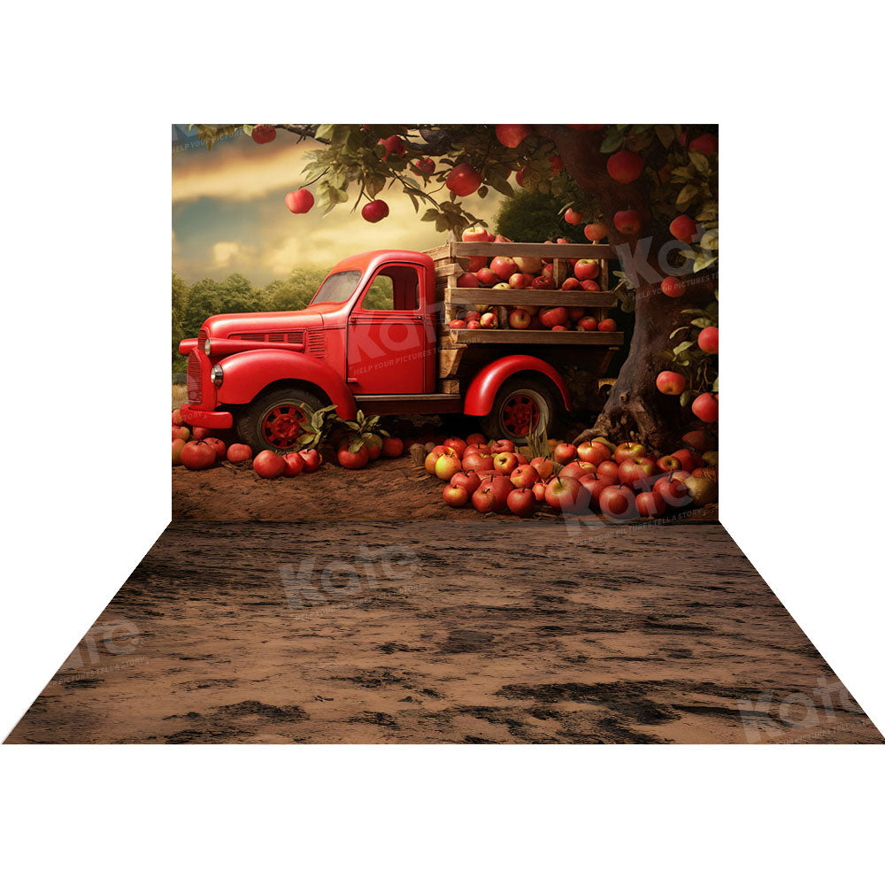 Kate Apple Harvest Red Truck Backdrop+Soil Floor Backdrop for Photography