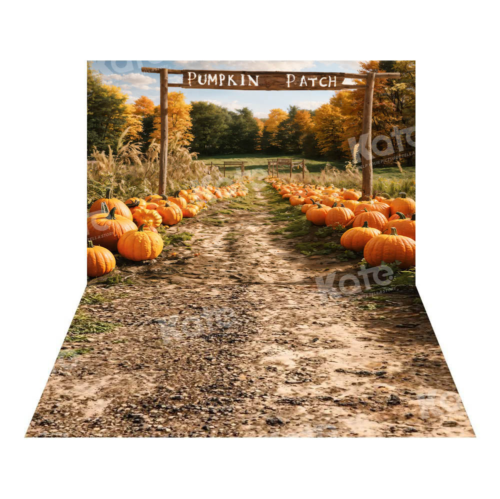 Kate Autumn Pumpkin Farm Backdrop+Muddy Land Path Floor Backdrop for Photography - Kate Backdrop AU