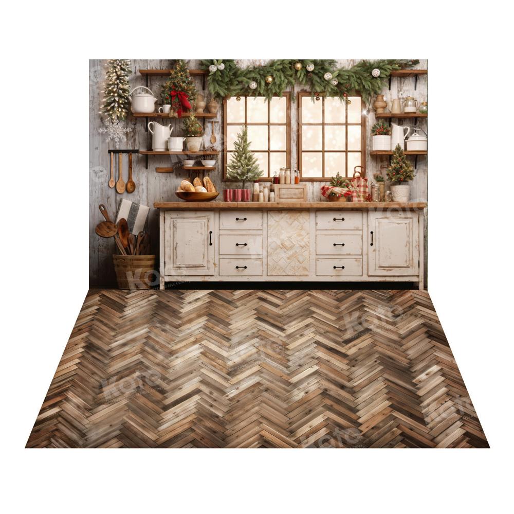 Kate White Christmas Kitchen Backdrop+Brown Wood Herringbone Floor Backdrop - Kate Backdrop AU