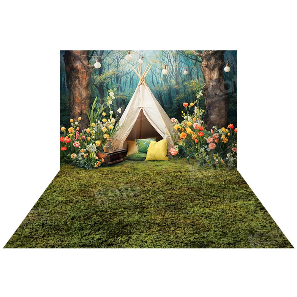 Kate Spring Wild Flowers Forest Tent Backdrop+Spring Green Grass Floor Backdrop - Kate Backdrop AU