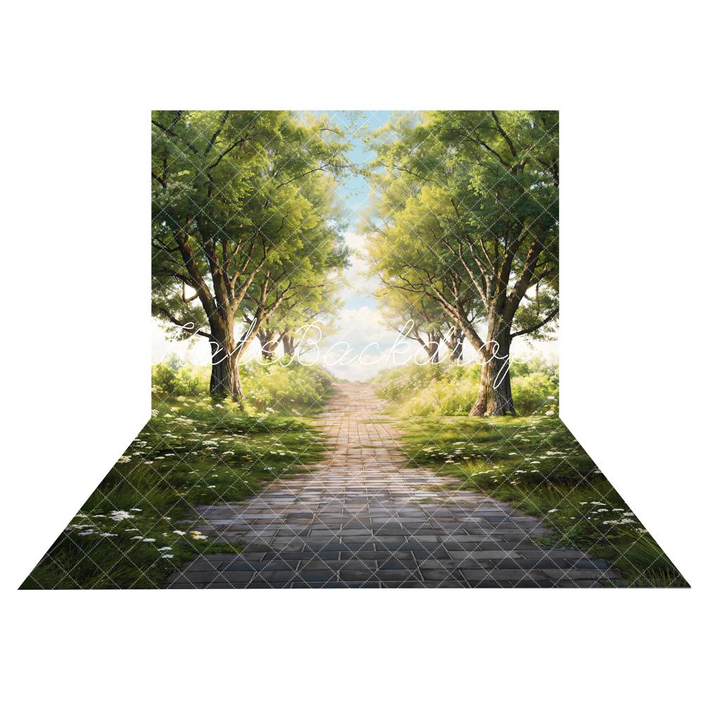 Kate Spring Green Trees Grass Path Backdrop+Spring Green Grass Brick Road Floor Backdrop