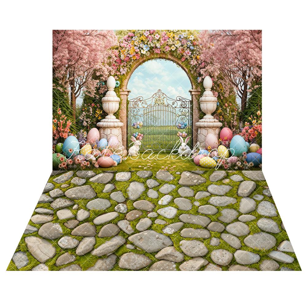 Kate Spring/Easter Gate Egg Bunny Backdrop+Green Grass Stone Floor Backdrop
