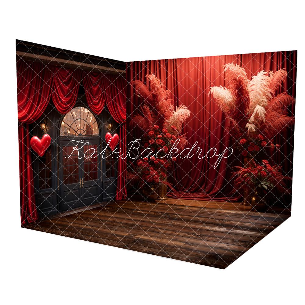 Kate Valentine's Day Boho Red Curtains Wooden Plank Texture Floor Room Set(8ftx8ft&10ftx8ft&8ftx10ft)