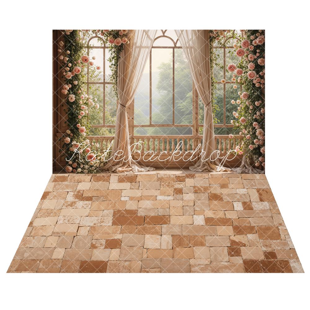 Kate Spring Pink Flowers Window Room Backdrop+Distressed Brick Floor Backdrop