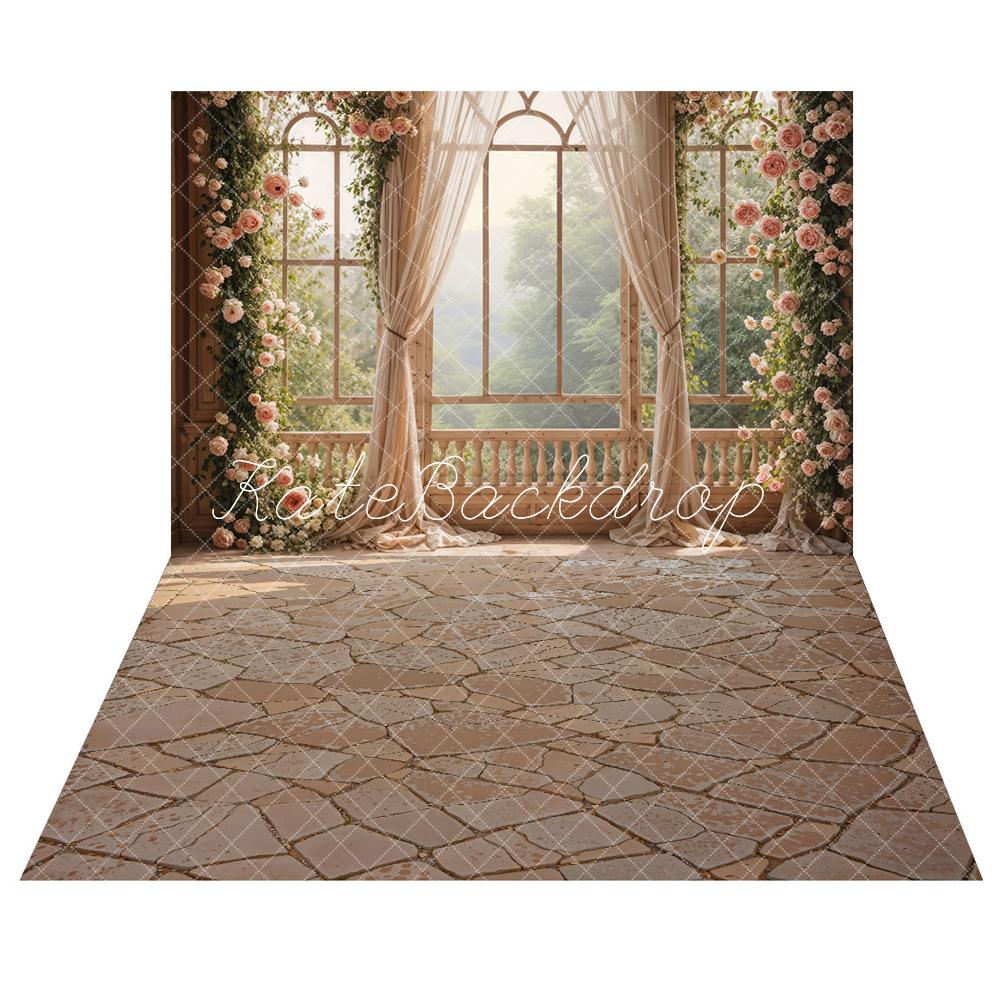 Kate Spring Sunlight Flowers Window Backdrop+Cracked Stone Texture Floor Backdrop