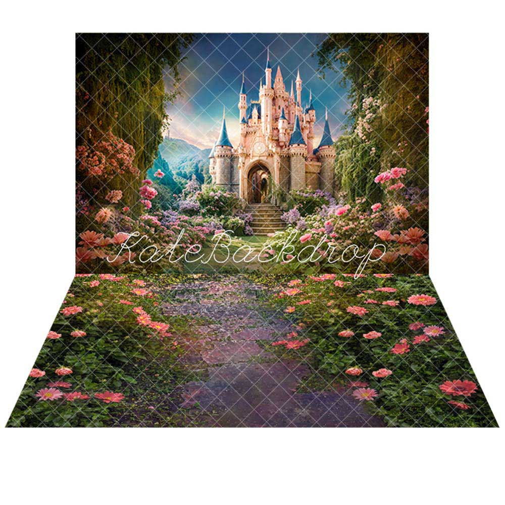 Kate Spring Fantasy Forest Castle Backdrop+Spring Flower Floor Backdrop