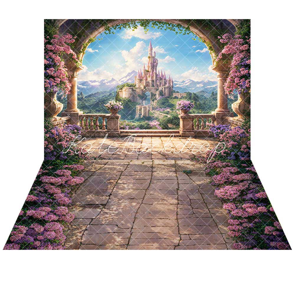 Kate Spring Arch Mountain Castle Backdrop+Flowers Stone Floor Backdrop