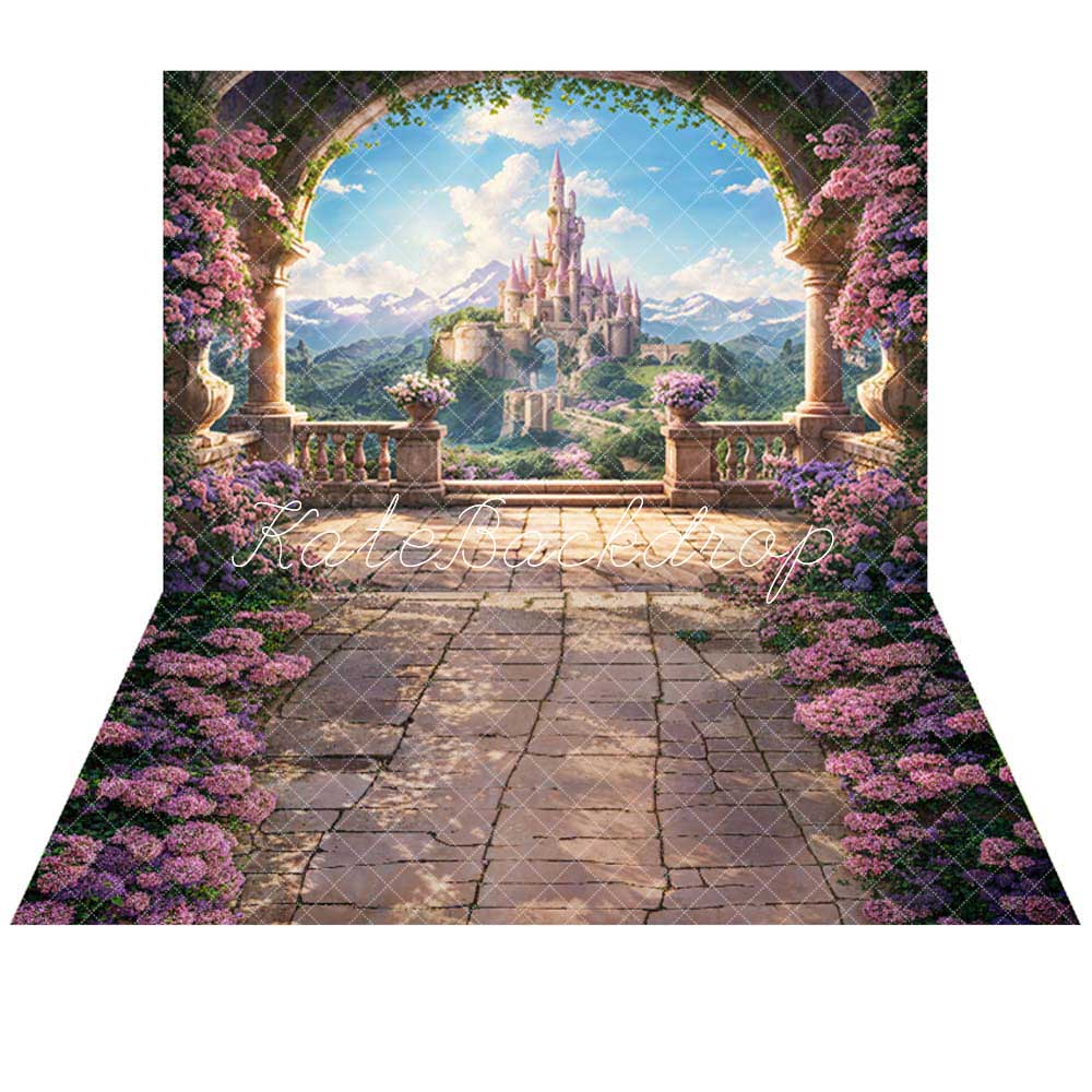 Kate Spring Arch Mountain Castle Backdrop+Flowers Stone Floor Backdrop - Kate Backdrop AU