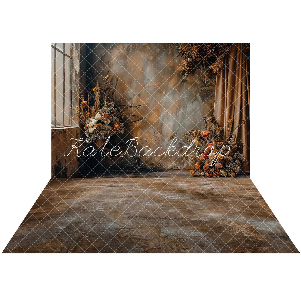 Kate Boho Abstract Dried Flower Curtain Backdrop+Brown Gray Mix Color Texture Floor Backdrop