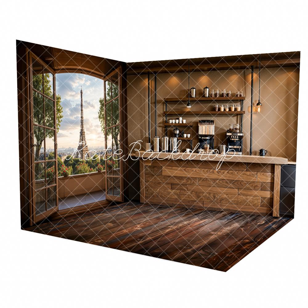 Kate Modern Elegant Brown Wood Grain Bar Counter Wall Room Set(8ftx8ft&10ftx8ft&8ftx10ft)