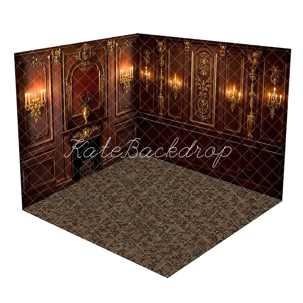 Kate Dark Gold Fireplace Retro Wall Room Set(8ftx8ft&10ftx8ft&8ftx10ft) - Kate Backdrop AU