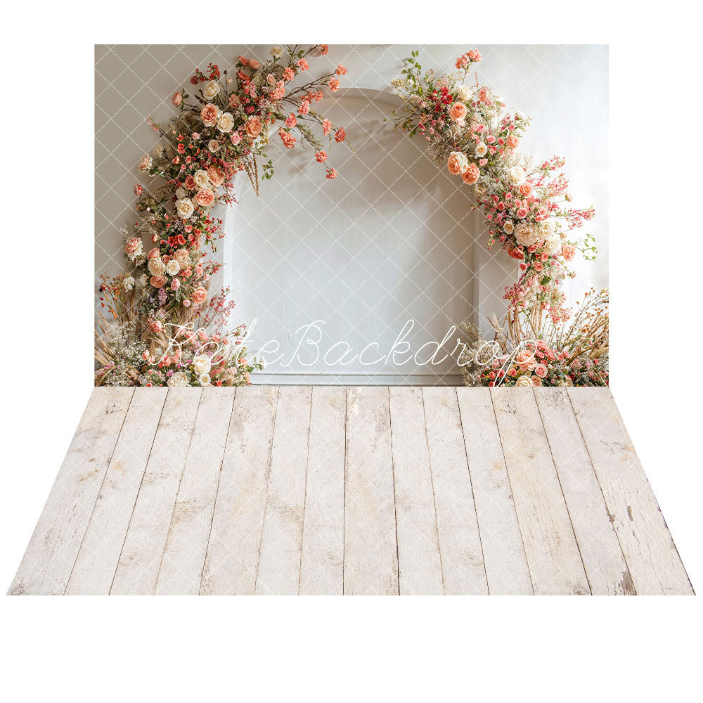 Kate Spring Wedding Flowers White Arch Backdrop+Wood Floor Backdrop for Photography