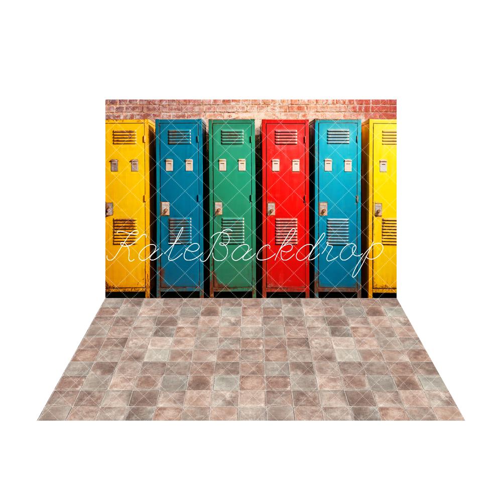 Kate Colorful School Gym Lockers Backdrop+Abstract Square Stones Floor Backdrop