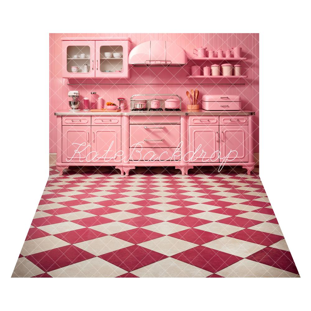 Kate Pink Kitchen Backdrop+Pink and White Squares Floor Backdrop