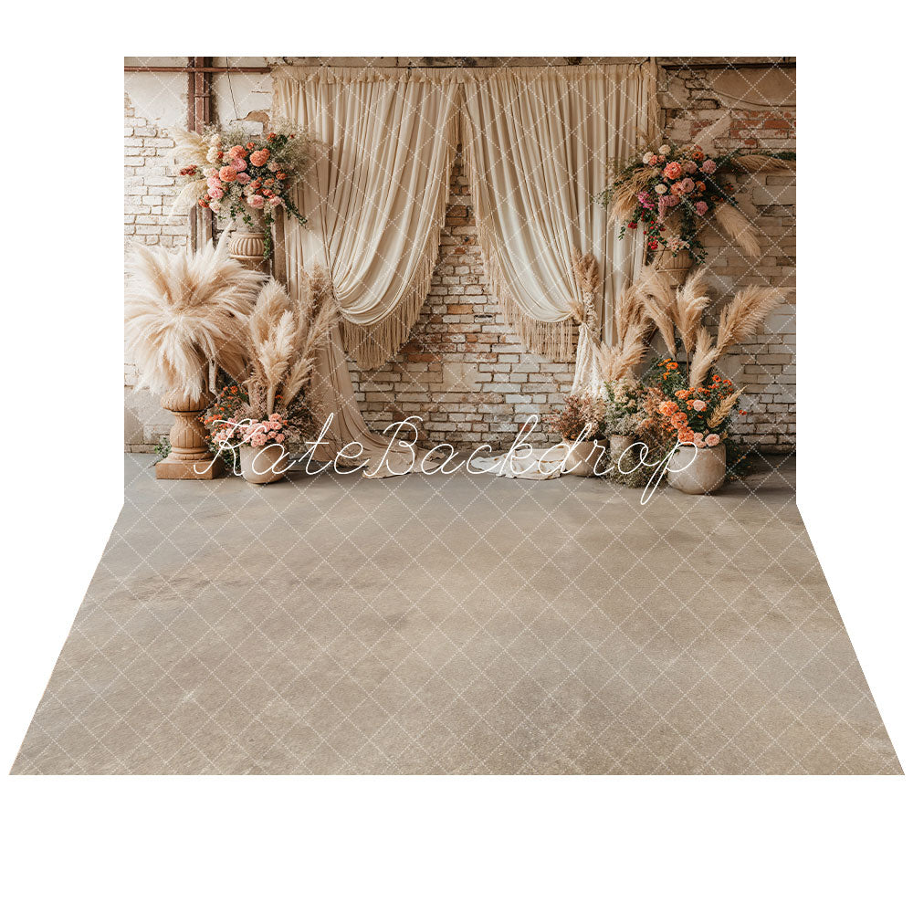 Kate Brick Wall Flowers Boho Backdrop+Grey Abstract Floor Backdrop