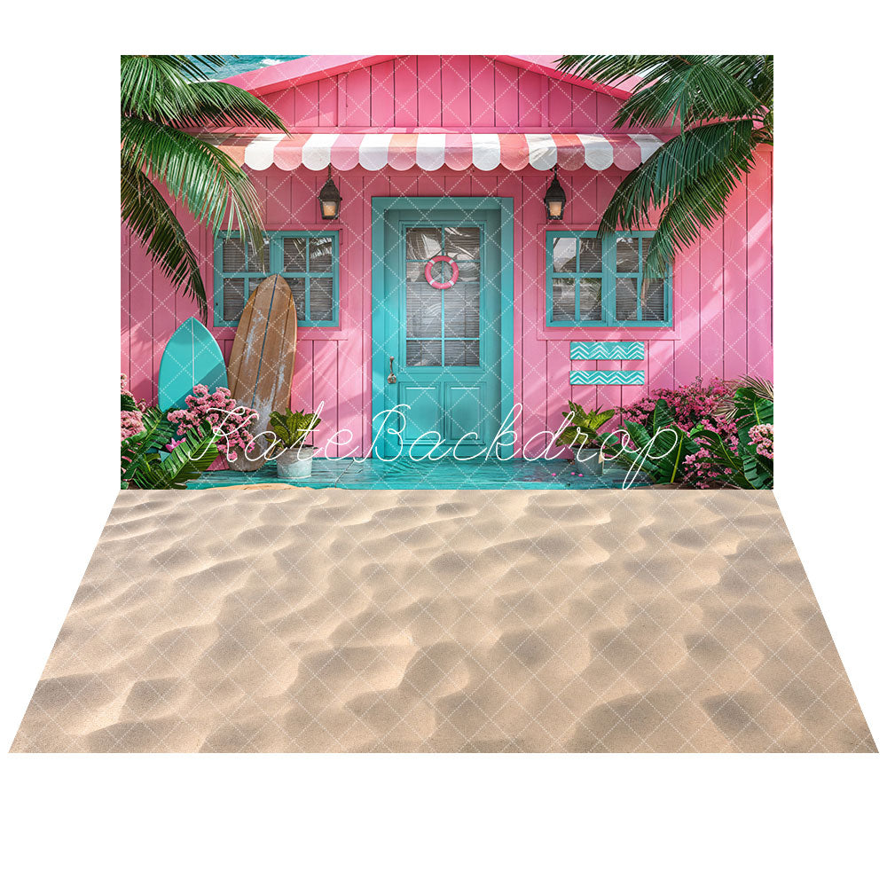 Kate Pink Wooden House Backdrop+Beach Floor Backdrop
