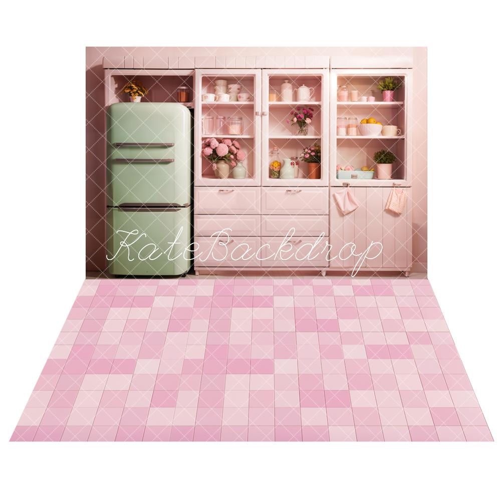 Kate Refrigerator Kitchen Cabinet Backdrop+Pink Square Floor Backdrop