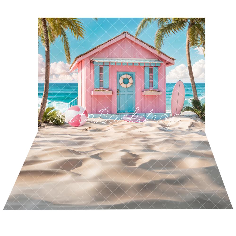Kate Pink Hut Beach Summer Backdrop+Beach Floor Backdrop