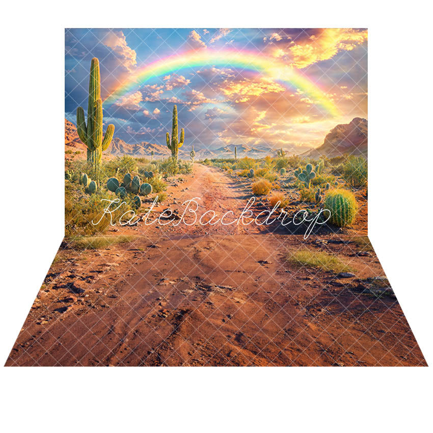 Kate Desert Cactus Rainbow Mountain Cloud Backdrop+Dirt Road Floor Backdrop - Kate Backdrop AU