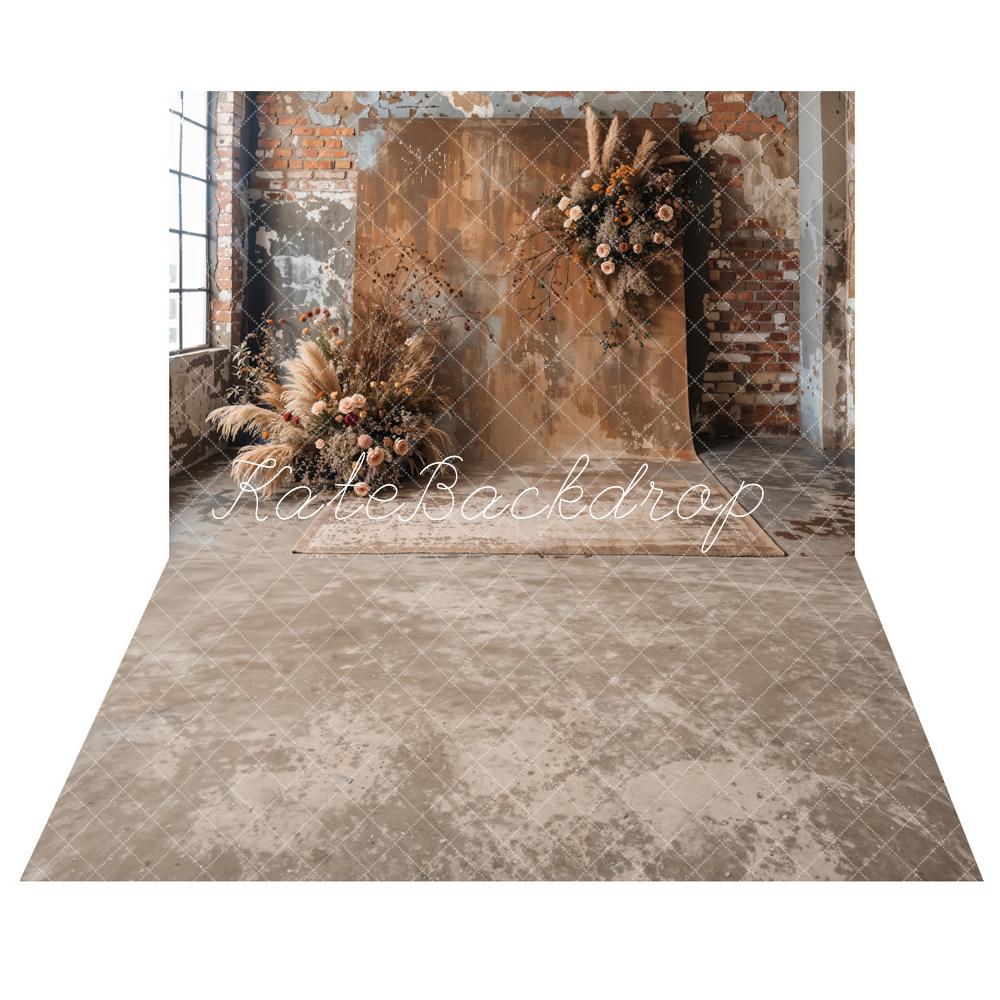 Kate Boho Dried Flower Old Brick Backdrop+Abstract Texture Floor Backdrop - Kate Backdrop AU