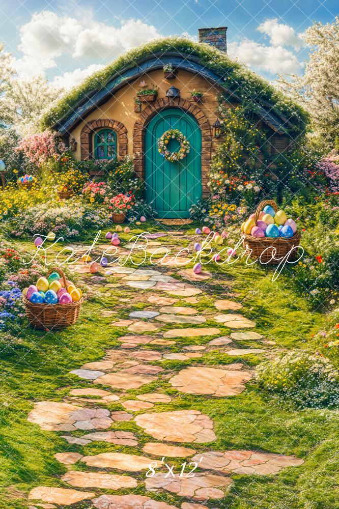 Kate Easter Spring Flowers Cabin Fleece Backdrop Stone Path Green Grass Designed by Chain Photography