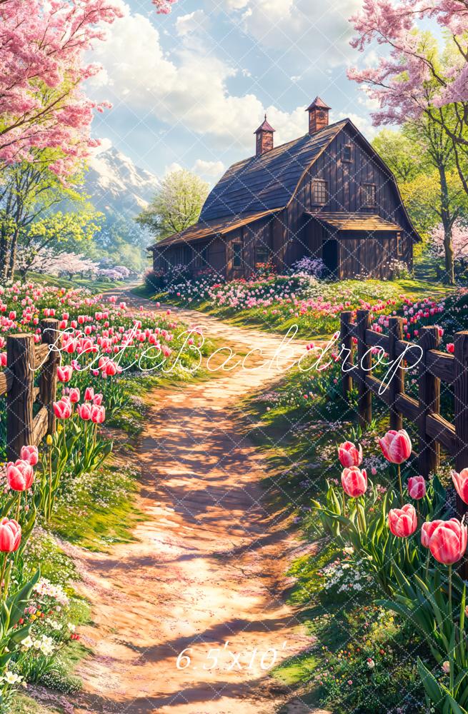 Kate Fleece Spring Cottage Floral Tulip Path Backdrop Designed by Chain Photography - Kate Backdrop AU