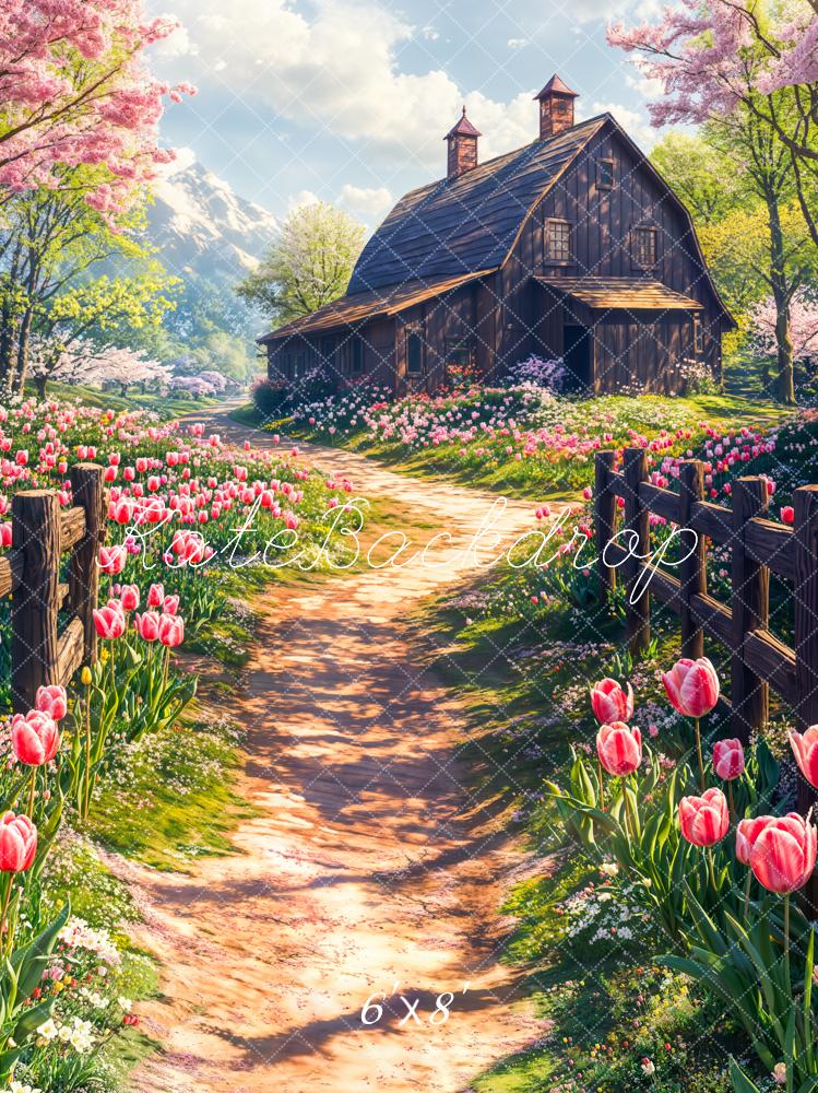 Kate Fleece Spring Cottage Floral Tulip Path Backdrop Designed by Chain Photography - Kate Backdrop AU