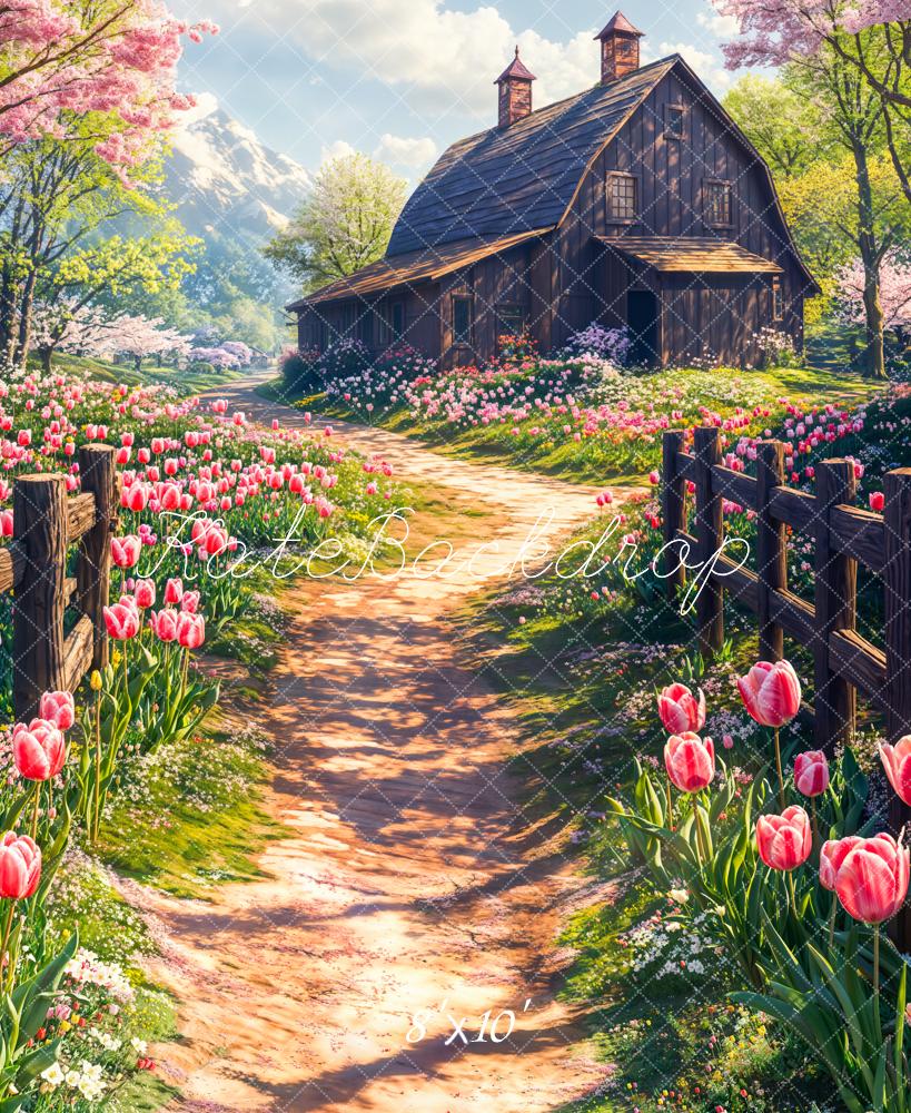 Kate Fleece Spring Cottage Floral Tulip Path Backdrop Designed by Chain Photography - Kate Backdrop AU