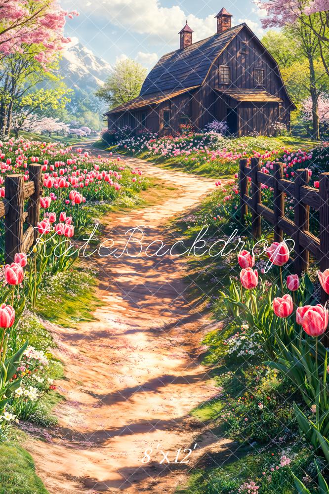Kate Fleece Spring Cottage Floral Tulip Path Backdrop Designed by Chain Photography - Kate Backdrop AU