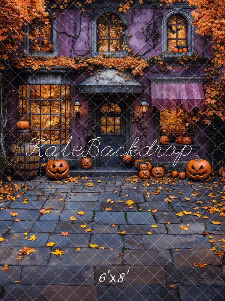 Kate Fleece Autumn Halloween Purple Building Backdrop Designed by Emetselch