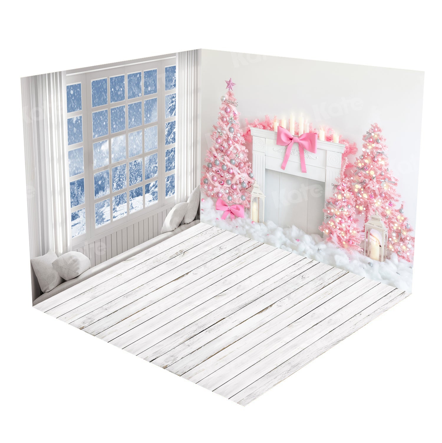 Kate Pink Christmas Tree Snow White Fireplace Window Snowflake Room Set(8ftx8ft&10ftx8ft&8ftx10ft)