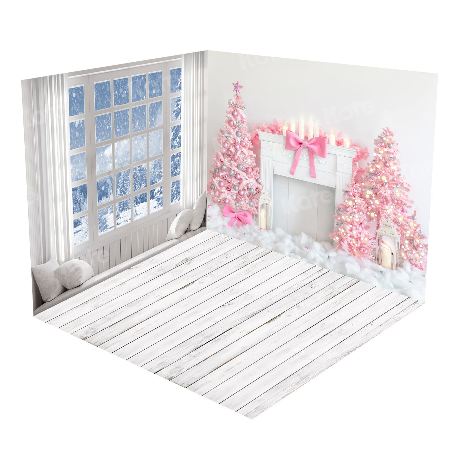 Kate Pink Christmas Tree Snow White Fireplace Window Snowflake Room Set(8ftx8ft&10ftx8ft&8ftx10ft) - Kate Backdrop AU