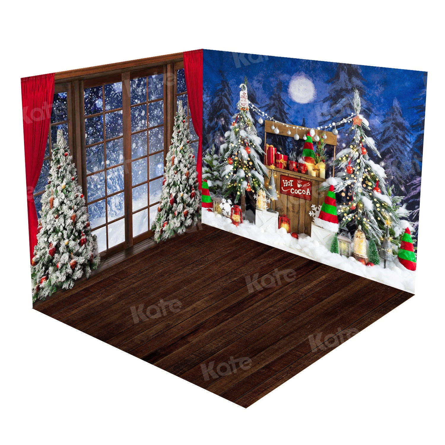 Kate Christmas Tree Snow Window Hot Cocoa Night Moon Room Set(8ftx8ft&10ftx8ft&8ftx10ft)