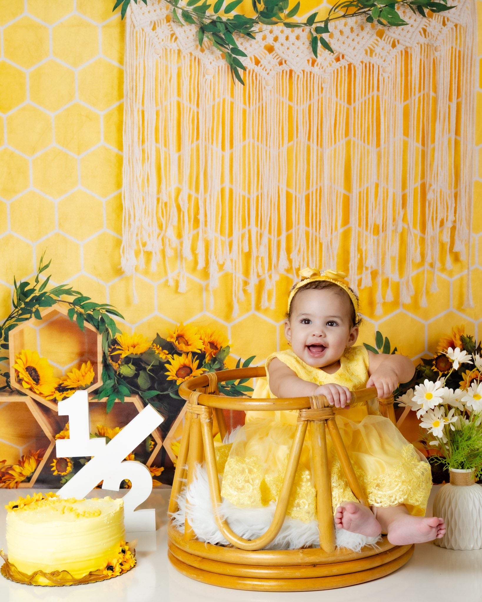 Kate Honeycomb Backdrop Yellow Boho Sunflower Cake Smash Designed by Emetselch - Kate Backdrop AU