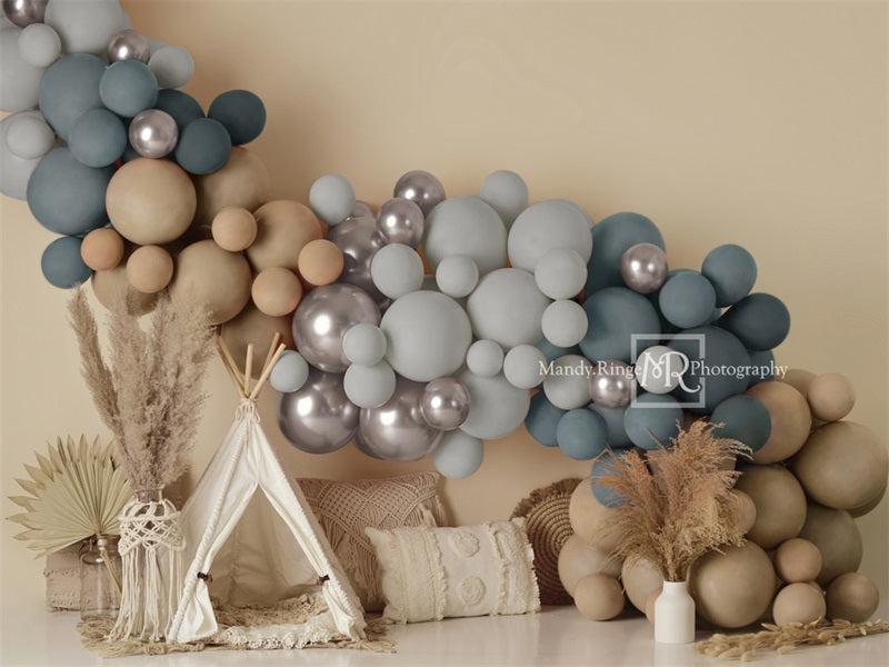 Kate Boho Balloons Tent Fleece Backdrop Matte Blue Designed by Mandy Ringe Photography