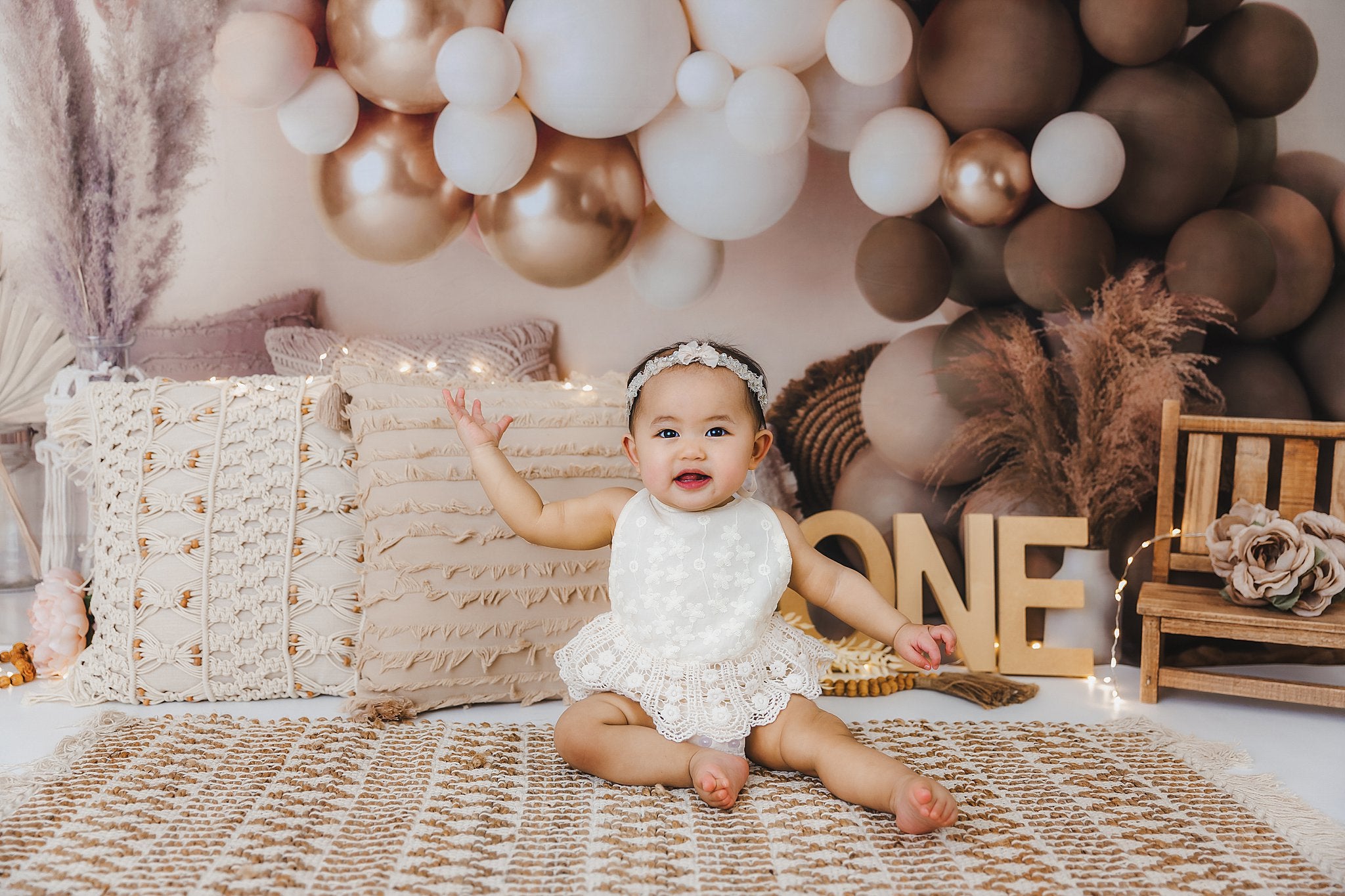 Kate Matte Boho Balloons Backdrop Macrame Pillows Designed by Mandy Ringe Photography - Kate Backdrop AU