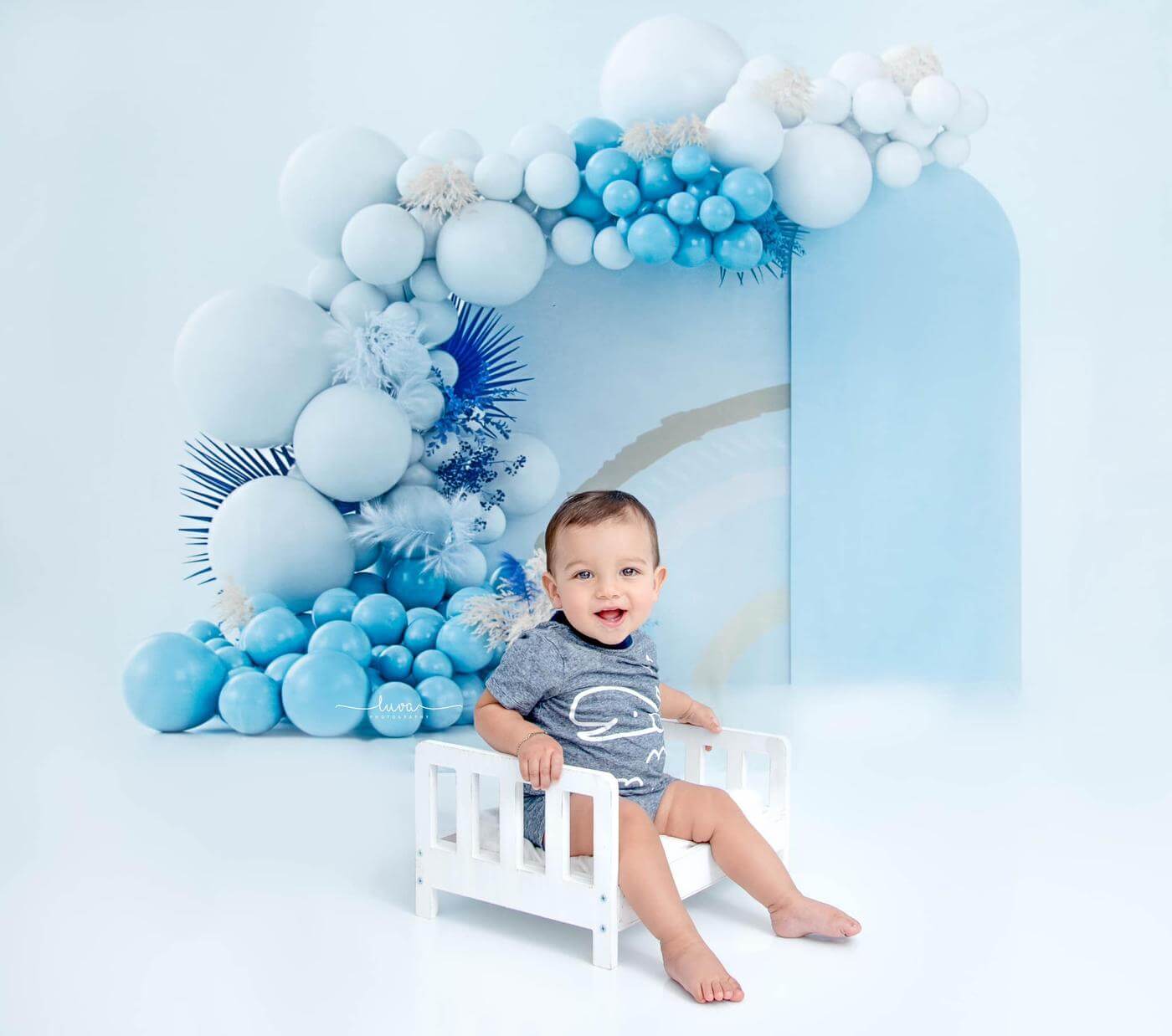 Kate Boho Balloons Fleece Backdrop Blue Cake Smash Designed by Uta Mueller Photography